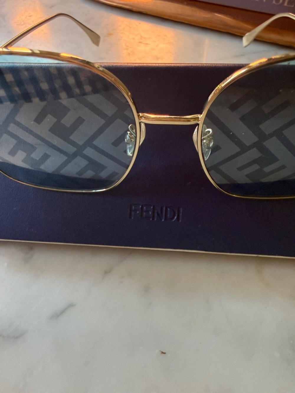 Fendi Gold Frame Sunglasses with Blue Lenses and Signature FF Pattern - Picture 2 of 5